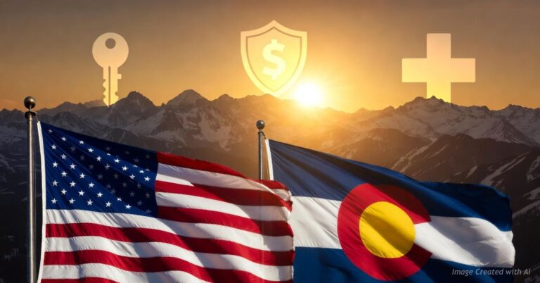 Colorado Rocky Mountains at sunrise with American and state flags symbolizing renewed prosperity and pride under Trump policies.