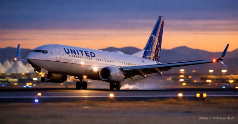 United Airlines jet touches down at DIA at dusk with light tire smoke as Colorado travelers return from Mexico