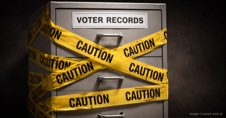 Caution tape wrapped around a filing cabinet labeled voter records