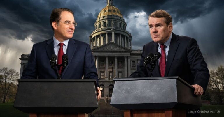 Phil Weiser and Michael Bennet at podiums before Colorado Capitol under storm clouds during 2026 primary