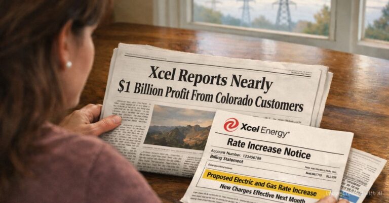 Colorado woman reviews newspaper on Xcel profits beside rate increase notice at kitchen table.