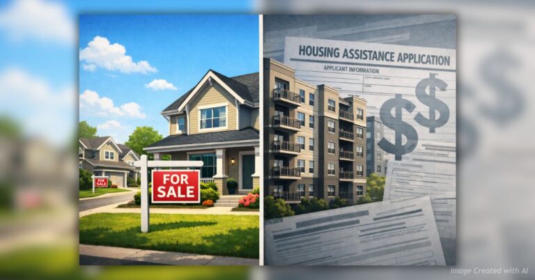 Split image of suburban homes and apartment complexes illustrating debate over affordable housing subsidies.