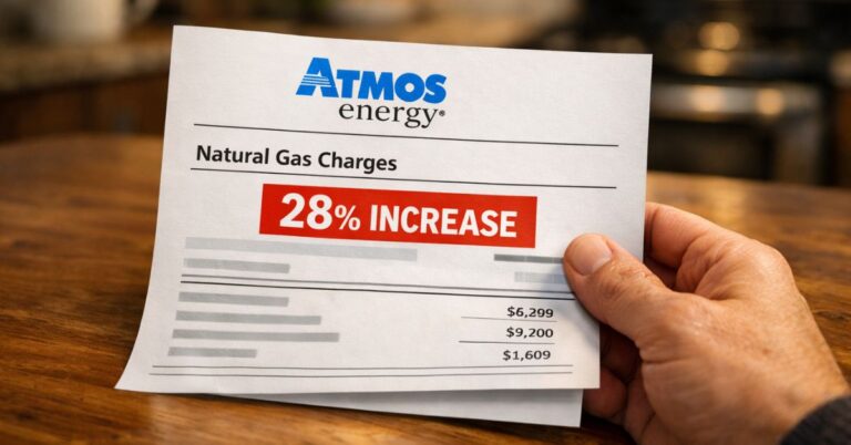 Atmos Energy gas bill showing highlighted 28 percent increase on kitchen table