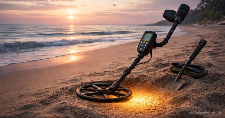 Metal detector on beach with faint golden glow under sand symbolizing hidden treasure