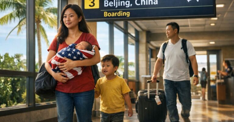 Chinese family walks through tropical airport with newborn wrapped in American flag toward Beijing flight