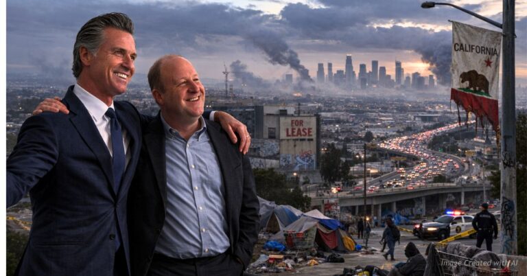Newsom and Polis smiling arm in arm overlooking smog filled Los Angeles with traffic and urban decay below.
