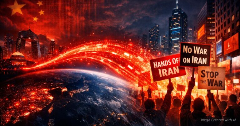 Red digital stream from Beijing transforms into anti-war protest signs in Times Square at night