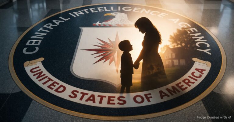 CIA seal with overlay of mother and child representing government vs family values debate