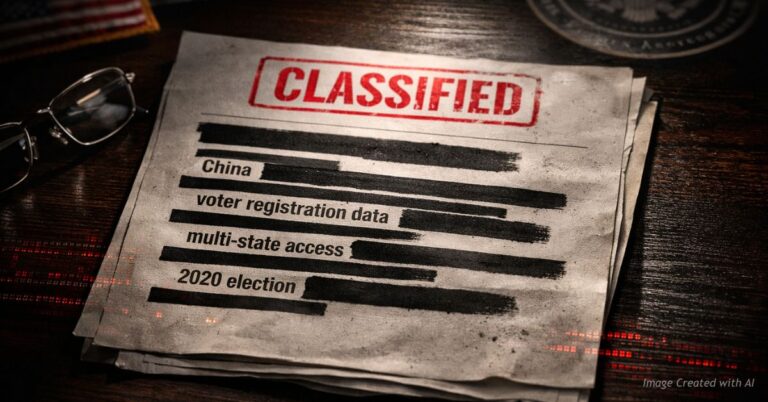 Redacted classified document referencing China and voter data under dramatic lighting