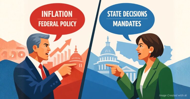 Two figures debate causes of climate policy costs, highlighting competing narratives