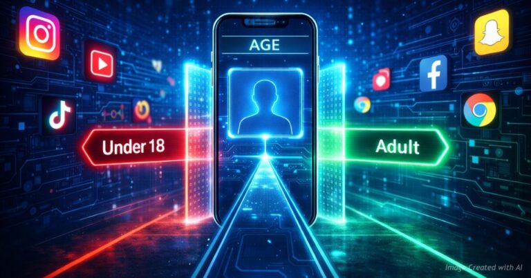 Illustration of a smartphone performing age verification, showing “Under 18” and “Adult” paths surrounded by social media app icons.