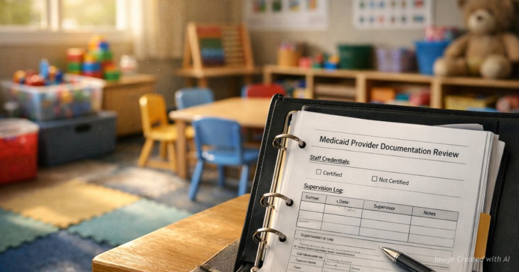Compliance binder in autism therapy room with toys softly blurred in background.
