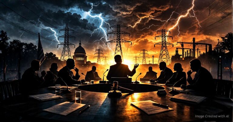 Lawmakers silhouetted against power grid and storm imagery