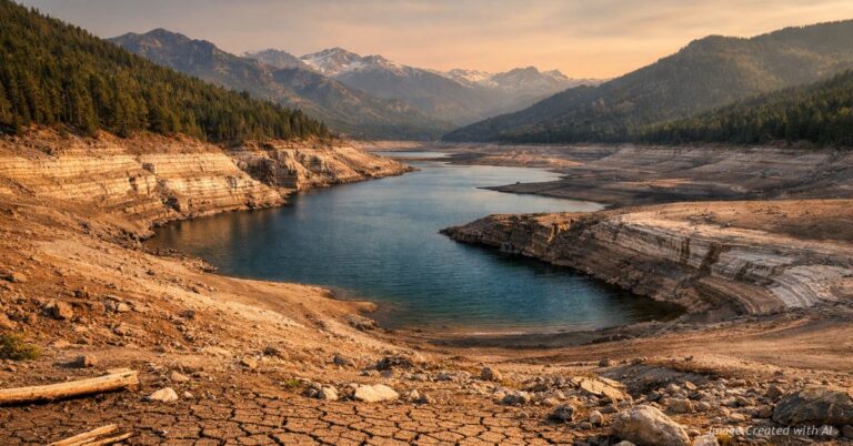 Dry reservoir with visible drought effects.Shrinking Colorado reservoir with exposed lakebed and drought bathtub rings