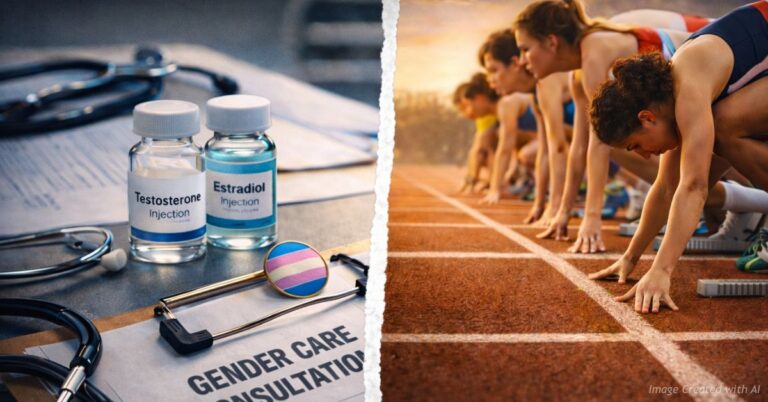 Medical hormone vials beside a gender care document and female athletes at a starting line representing Colorado gender policy debate.