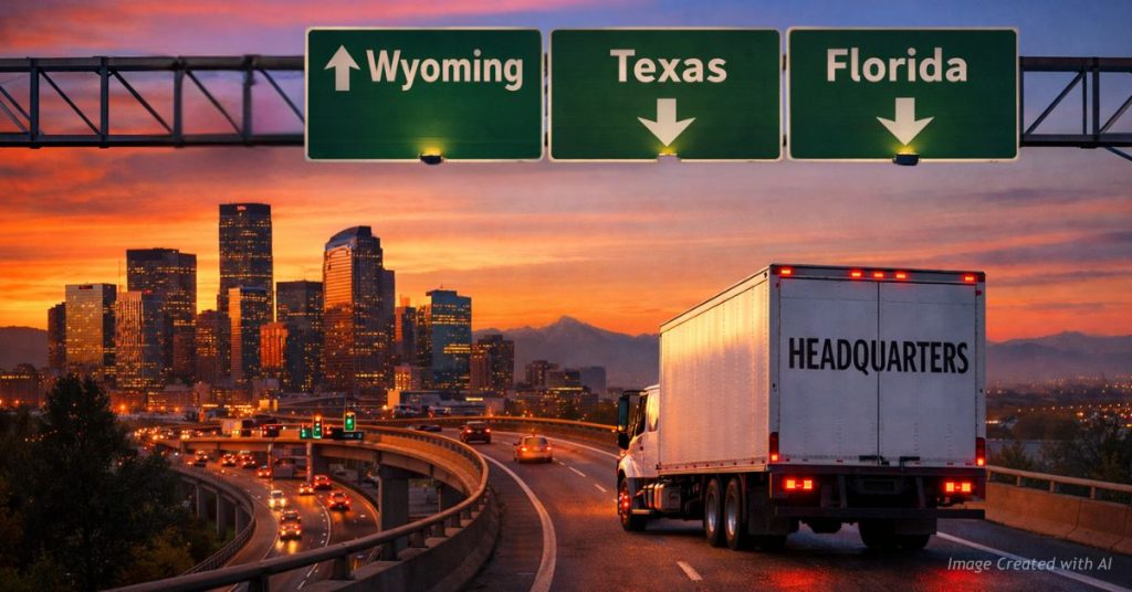 Moving truck labeled Headquarters leaving Denver with signs to Wyoming north and Texas Florida south