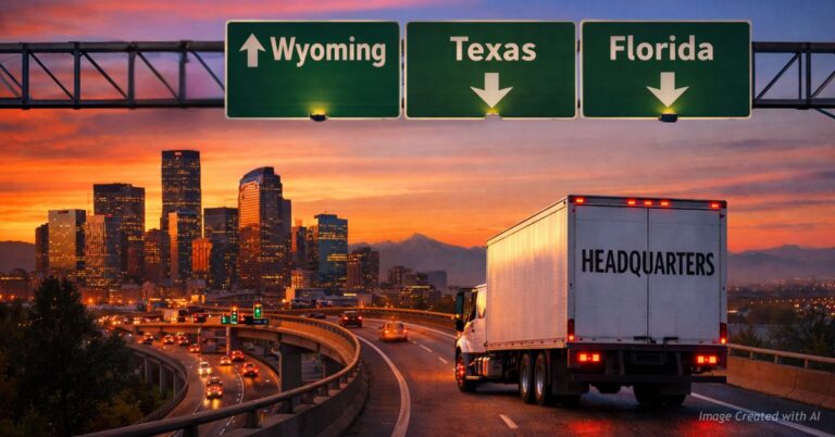 Moving truck labeled Headquarters leaving Denver with signs to Wyoming north and Texas Florida south