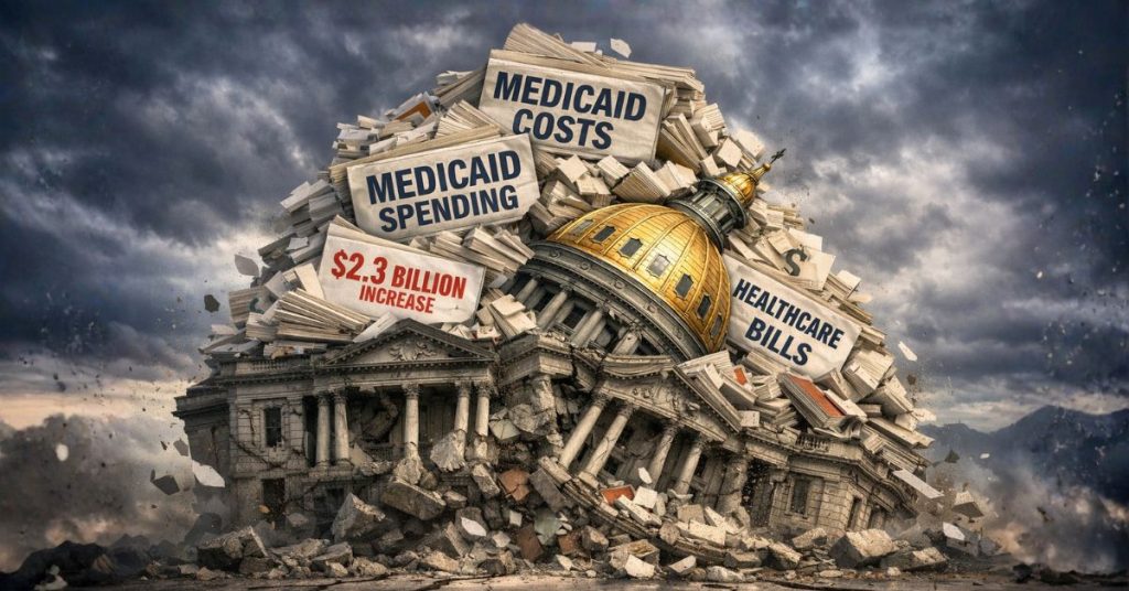 Colorado Capitol under pile of Medicaid cost documents and bills