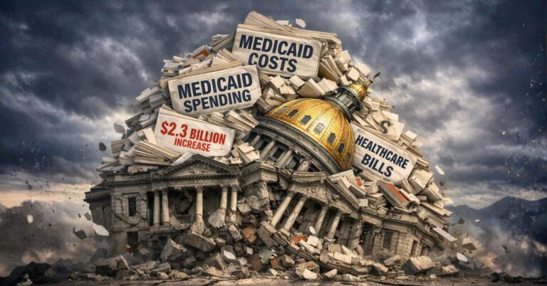 Colorado Capitol under pile of Medicaid cost documents and bills