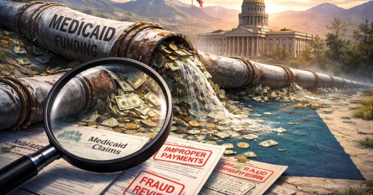 Illustration of leaking Medicaid funding pipeline spilling taxpayer money near Colorado Capitol.