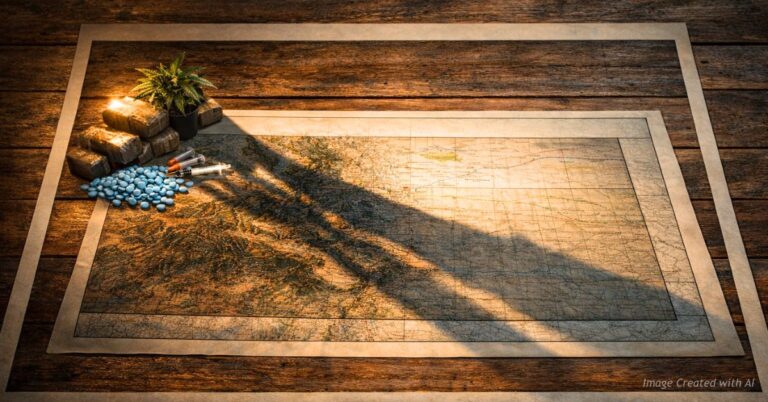 Cinematic shadow from drugs stretches across Colorado map symbolizing rising opioid deaths