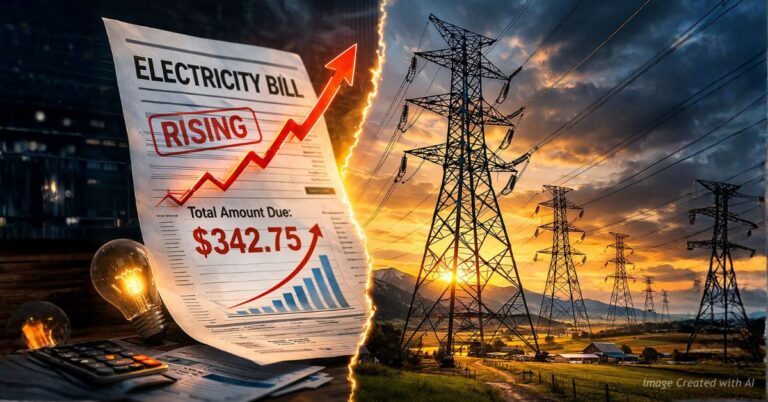 Electricity bill rising beside large transmission towers crossing rural Colorado landscape