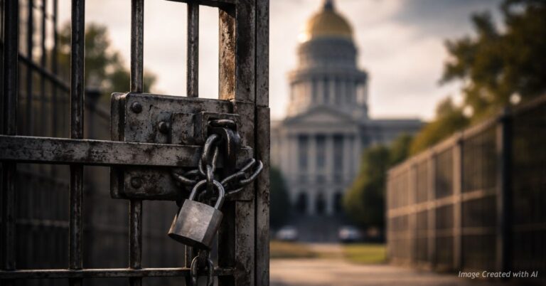 Locked prison gate with Colorado Capitol behind it, symbolizing prison policy and budget pressure.