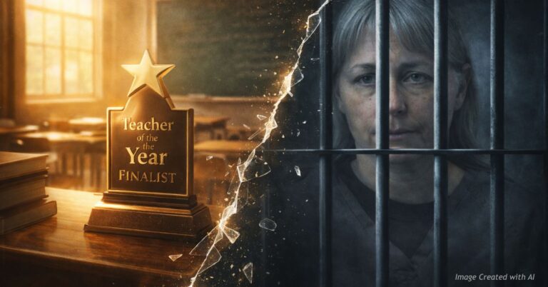Split image of teacher award and prison bars with faded mugshot showing fall from honor to conviction