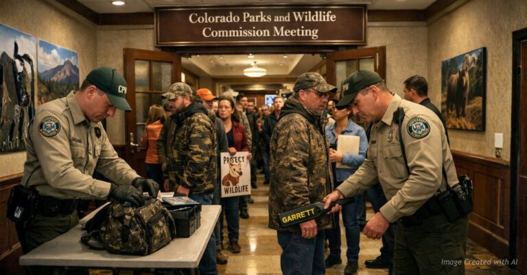 Colorado Parks and Wildlife officers conduct security screening outside a commission meeting amid debate over furbearer hunting.