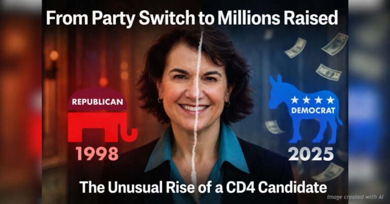 Eileen Laubacher shown between Republican 1998 and Democrat 2025 imagery, with campaign money graphics highlighting her party switch and fundraising.