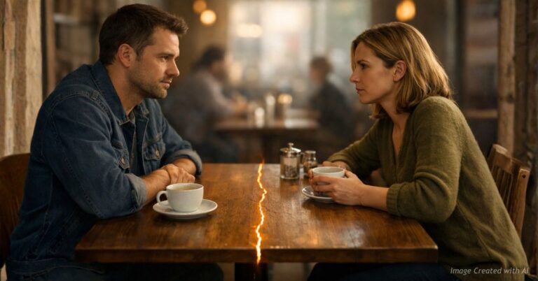Two friends divided by a crack in a café table symbolizing political fracture