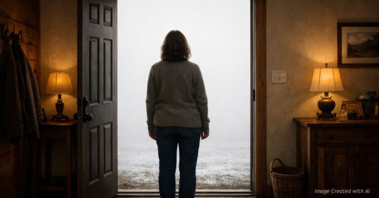 A mother stands alone at an open door, looking out into an empty landscape — a visual metaphor for parental separation.