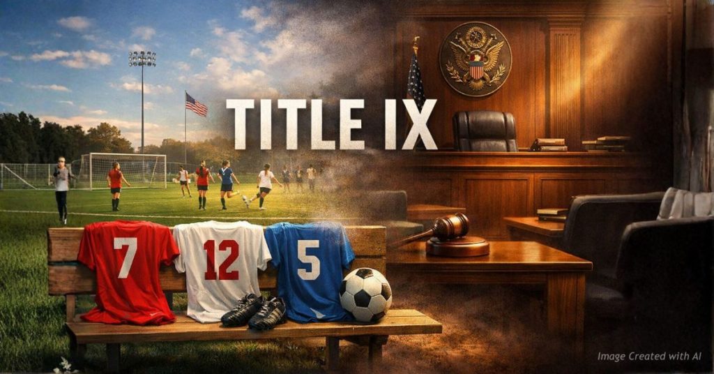 Girls soccer field blending into courtroom symbolizing Title IX decision