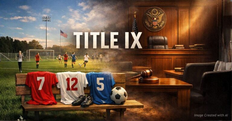 Girls soccer field blending into courtroom symbolizing Title IX decision