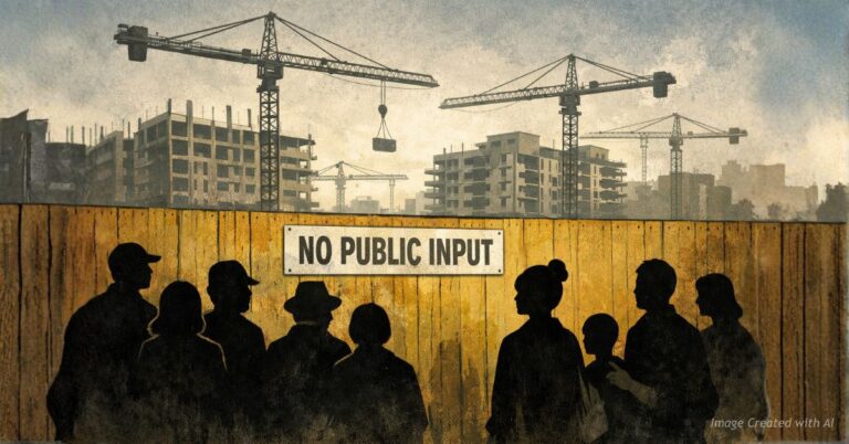 Residents watching construction from behind barrier representing loss of public input.