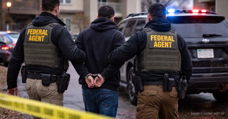 ICE agents escort handcuffed suspect outside Lakewood apartment complex.