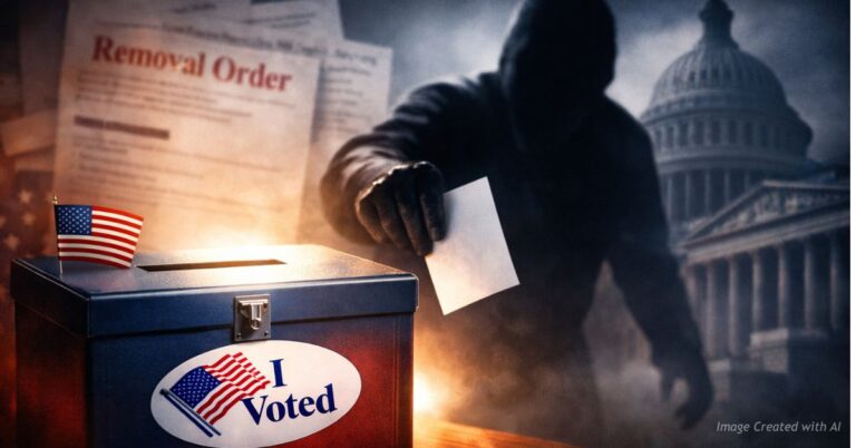 Shadowed figure approaching ballot box representing alleged noncitizen voting investigation.