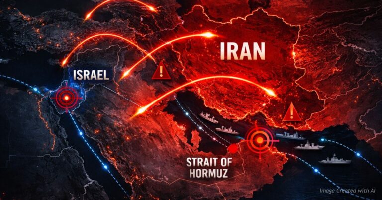 Map showing missile paths and naval routes in Iran conflict around Strait of Hormuz.