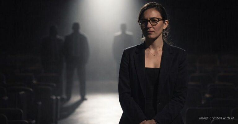Teacher stands alone under spotlight in dark auditorium as shadowy figures loom behind