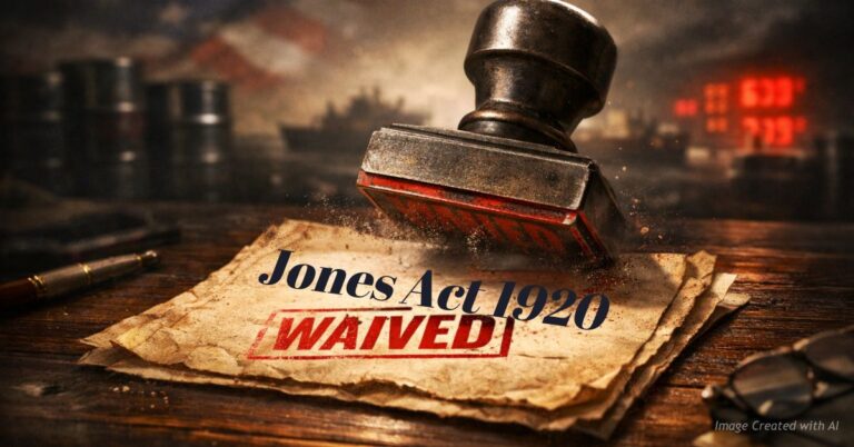 Jones Act document stamped waived amid oil and shipping imagery in dramatic lighting