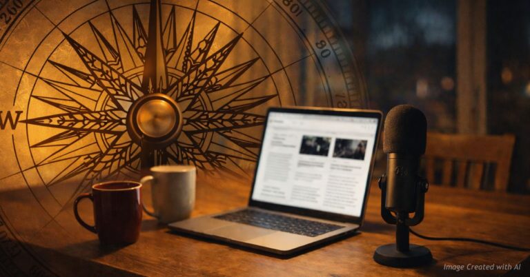 Kitchen table with microphone and laptop symbolizing the launch of Mesa County Compass podcast