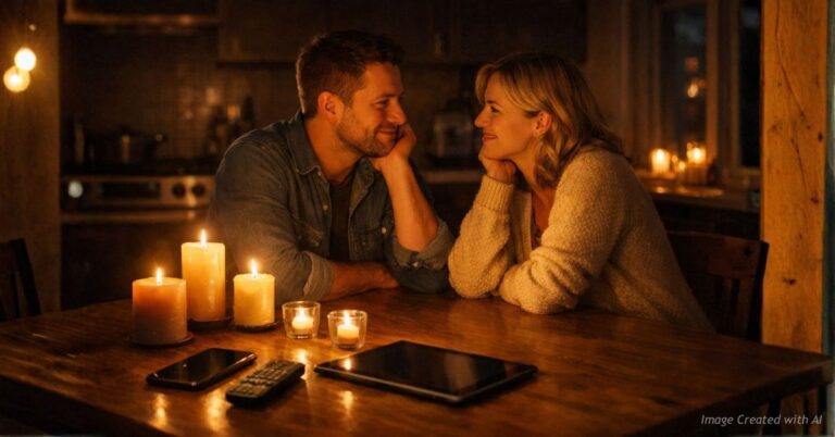 Couple talking by candlelight while electronics sit unused.