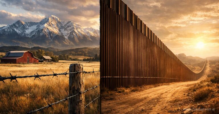 Split image showing ranch fence and border fence representing property rights and national boundaries.