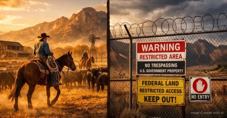Split image of ranching land vs restricted federal land symbolizing policy conflict
