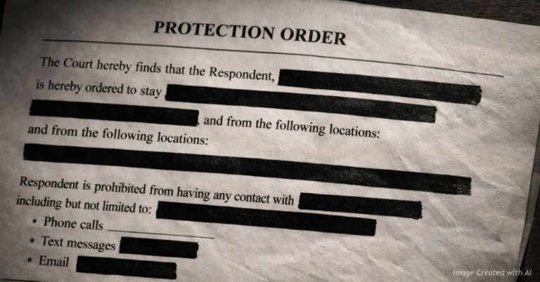 A redacted legal document with black bars covering names — representing the court orders that separated a Colorado family.