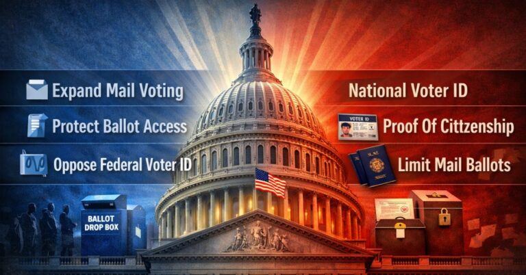 Split graphic showing competing election policy messages as Senate debates the SAVE America Act.