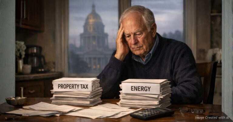 Senior reviewing rising bills with Colorado Capitol in background