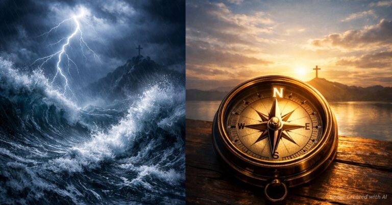 Compass pointing north contrasted with stormy waves symbolizing spirit versus impulse
