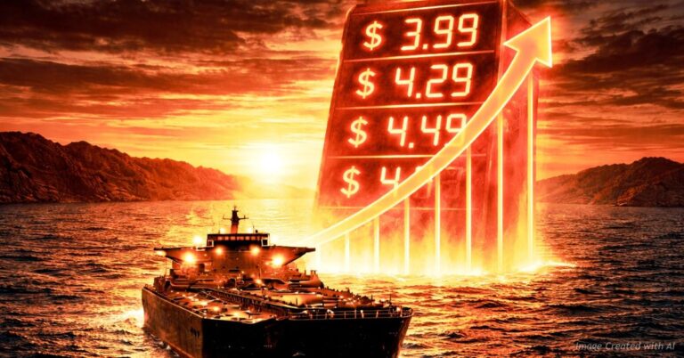 Oil tanker sailing through a narrow waterway with a glowing fuel price sign rising in the background, symbolizing higher energy costs tied to shipping disruptions near the Strait of Hormuz.
