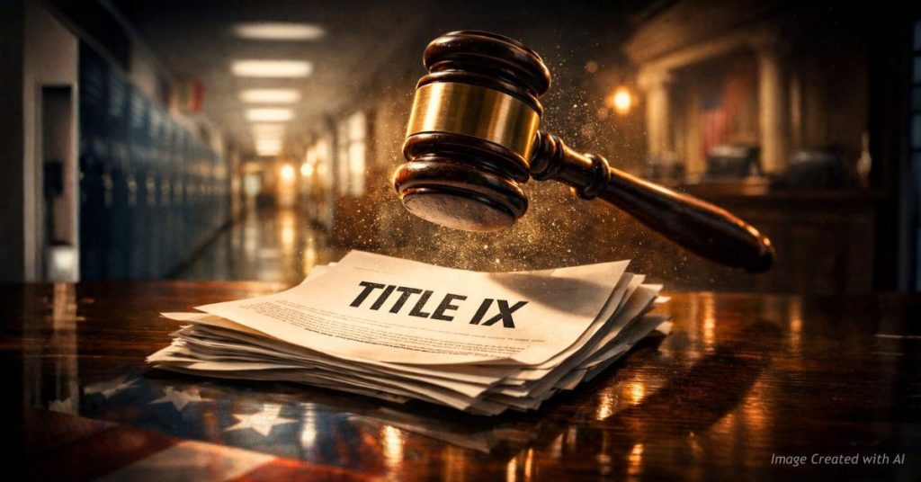 Gavel over Title IX documents on desk.